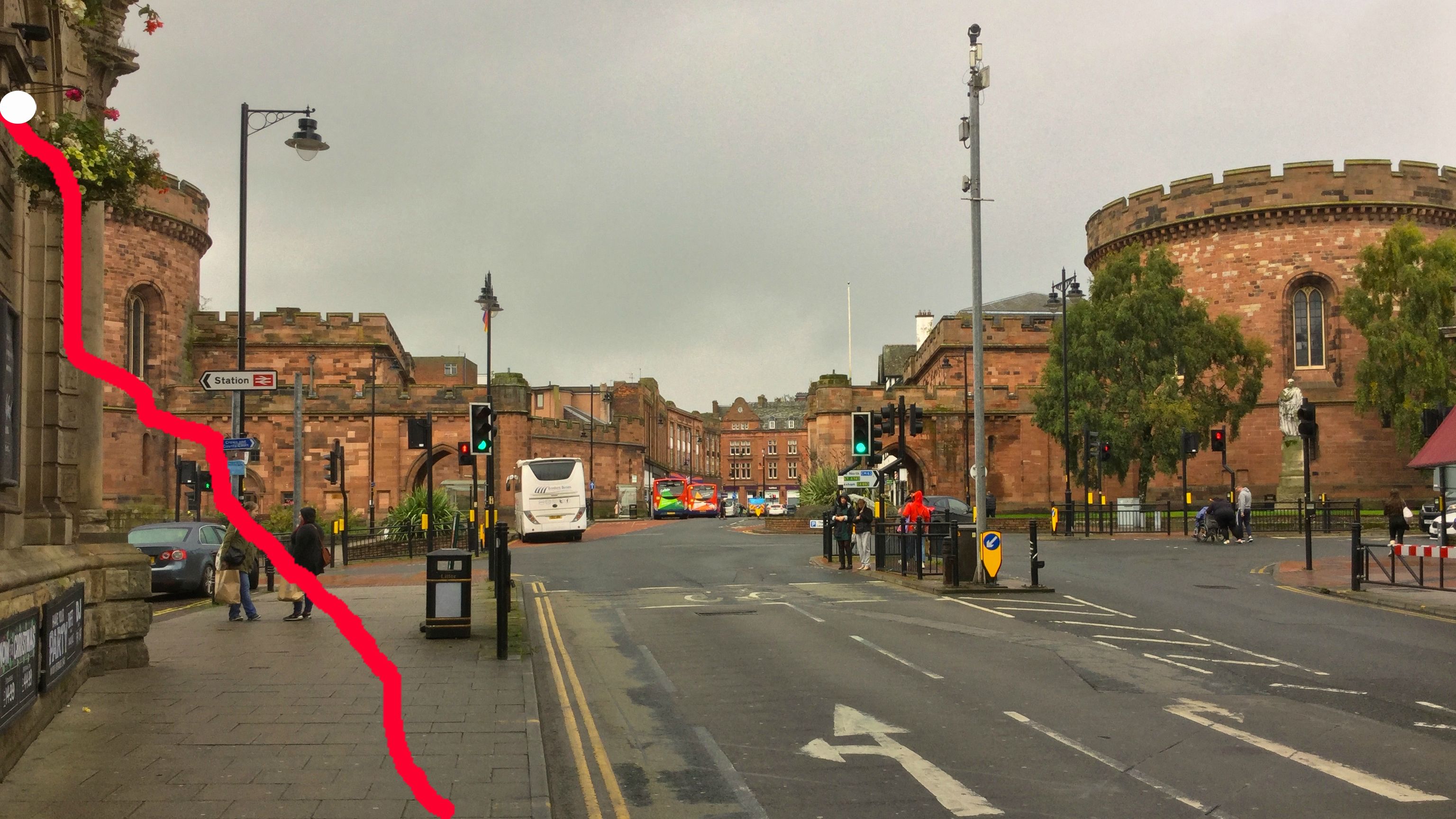 The road junction where the A6 ends - Carlisle City Centre is pedestrianised and beyond it the A7 stretches towards Edinburgh